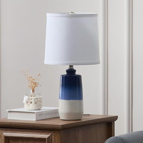 EUO 20.5" Ceramic Blue Lamps for Nightstand Set of 2, Blue Table Lamps for Living Room Set of 2, Coastal Table Lamp for Bedroom with White Barrel Lampshade, Blue White Ceramic Lamp for Small Space - color: Navy Blue-S