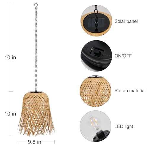 Livinlarge Bamboo Woven Outdoor Chandelier Small Hanging Rattan Solar Pendant Lights Modern Retro Boho Pendant for Gazebo Yard Porch Patio Garden Backyard Decor（1 Pack） - style: Rattan Pendant Lights