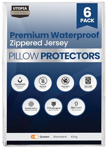 Set of 6 Pillow Protectors with Zipper Queen Size, Bed Bug and Dust Mite Proof Pillow Covers, Ultra Soft Pillow Encasements, Moisture Wicking and Waterproof Pillow Cases by Utopia Bedding (White) - size: Queen (Pack of 6)