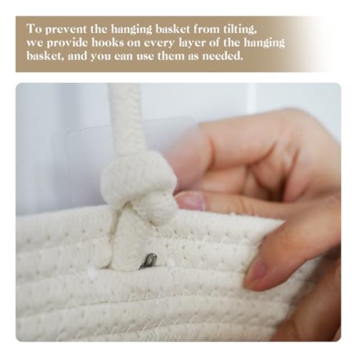 TeoKJ 3-Tier Hanging Baskets for Storage with Pearl Button Strap, Cotton Rope Over the Door Organizer, Wall-Mounted with Hook Decorative Hanging Nursery Baskets, Jute - color: Jute, style: 3 tier+Pearl Button