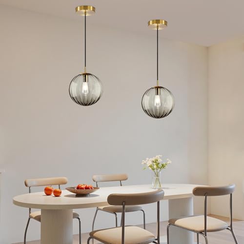 Modern Smoke Grey Glass Pendant Light, Kitchen Island Lighting 2-Pack Globe Pendant Light Fixtures Century Kitchen Island Pendant Lighting for Bedroom Living Dining Room Light Fixture (Without Bulb) - color: BW-Smoky Gray-1 Light-2PC