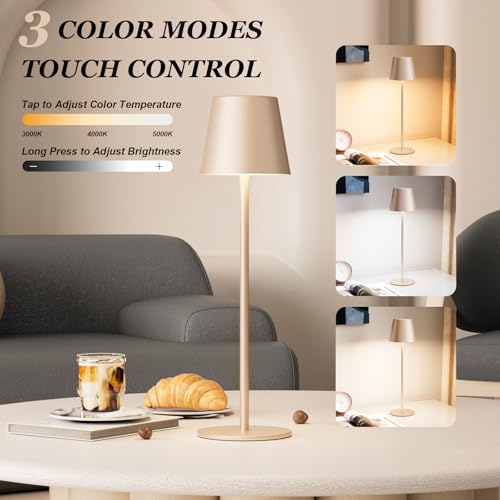 Kakanuo Champagne Gold Cordless Table Lamp Rechargeable - 2 Pack Battery Operated Lamp for Counter, 3 Color Stepless Dimming Wireless Lamp for Dining Kitchen, Outdoor Patio, Touch Control - color: Champagne Gold, size: 2 Pack 14in - Down Light