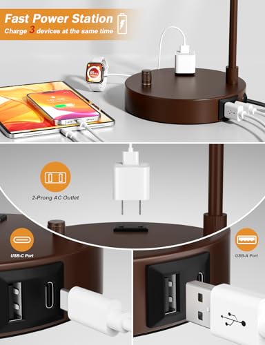 Innqoo Grey Tall Lamp for Bedroom with USB Port and Outlet, Dimmable Nightstand Bedside Lamps with Linen Lampshade, Desk Lamp for Home Office, Living Room, Guest Room, LED Bulb Included - color: H-Gray Shade & Brown Base