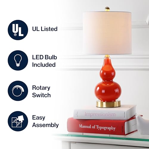 JONATHAN Y 20.5" Sunset Orange Glass Table Lamp, Modern Gourd Bedside Nightstand Lamp for Bedroom, Living Room, White Linen Shade, LED Bulb Included (JYL1028G) - color: Sunset Orange, size: Single