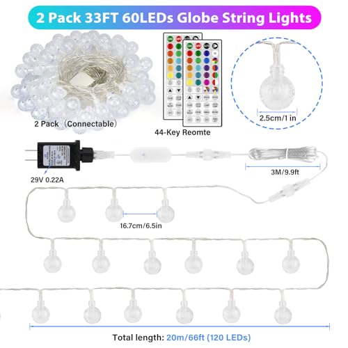 OMIKA Globe Outdoor String Lights Plug in, Connectable 66ft 120LED Crystal Ball Light Waterproof Remote, 24 Colors Decorative Lights for Patio Umbrella Tent Garden Eaves Party Indoor Christmas Décor - color: Color Changing, size: 66ft 120LED