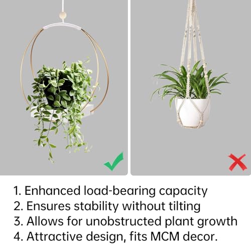Adnkwolivt Mid Century Boho Macrame Metal Planter - Indoor/Outdoor Hanger, Conner Ceiling, Gift for Mom or Plant Lovers, Housewarming - color: Gold Metal/White Wood Base, size: 1 Pack