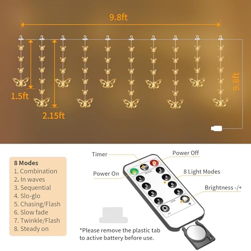 YOLIGHT Butterfly Curtain Lights for Bedroom 9.8ft LED Twinkle Fairy Light with Remote Timer Cute String Lights Wall Décor for Kids Girls Room Bed Canopy Wedding Easter Decoration (Warm White) - color: Warm White