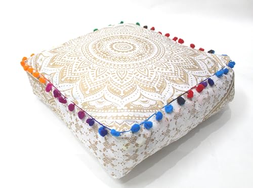 INDIAN CRAFT CASTLE ICC Mandala Barmeri Large Floor Pillow Cover Cushion Meditation Seating Ottoman Throw Cover Hippie Decorative Zipped Bohemian Pouf Ottoman Cases White Gold, 18" Square - color: White Gold, size: 16"D x 16"W x 5"H