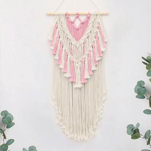 LB Pink Macrame Wall Hanging, Handmade Woven Tapestry Wall Hanging Modern Pink and Beige Wall Decor for Living Room Bohemian Macrame Wall Art for Office Apartment Bedroom Backdrop,15.7" W x 30.7" L - color: Beige