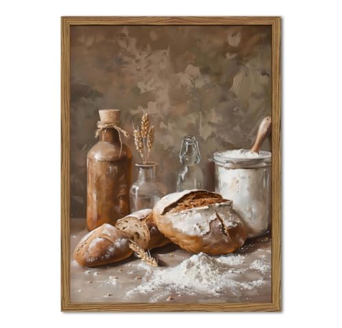 Framed Vintage Kitchen Wall Art, Rustic Bread and Flour Pictures Wall Decor Paintings, Farmhouse Food Poster Canvas Prints Country Home Decor for Dining Room Living Room Bakery 12x16 inch - color: Bread, size: 16"L x 12"W