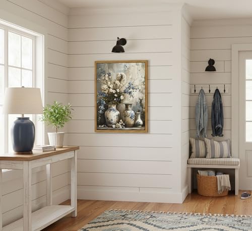 Framed Rustic Farmhouse Floral Canvas Wall Art Blue and White Vase Poster Prints Vintage Still Life Flower Picture Elegant Rural Countryside Painting Wall Decor for Living Room Office Bedroom 16x24in - color: Blue Flower, size: 24"L x 16"W