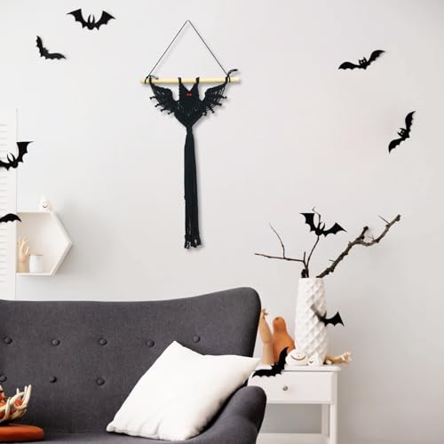 HVEST Gothic Halloween Bat Macrame Wall Hanging Boho Decor Horror Black Bat, Handmade Woven Tapestry for Bedroom Spooky Halloween Macrame Wall Decor for Living Room Decorations, 22.6L X 15.6W - color: Dark
