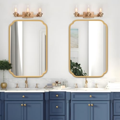 Ferytange Gold Bathroom Mirror for Wall 20" x 30" Modern Rounded Corner Rectangle Mirror with Non-Rusting Iron Metal Framed Bathroom Vanity Mirror for Over Sink Wall Decor(Horizontal/Vertical) - color: Gold, size: 30"L x 20"W