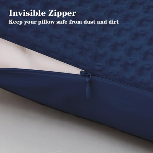 100% Cotton Waffle Weave Throw Pillow Covers Set of 2, 600TC Solid Reverse Side, Hidden Zipper Closure, Skin-Friendly & Durable Decorative Euro Shams for Couch Sofa Bed, Navy Blue, 18"x18" - color: Navy Blue, size: 18" x 18" (Pack of 2)