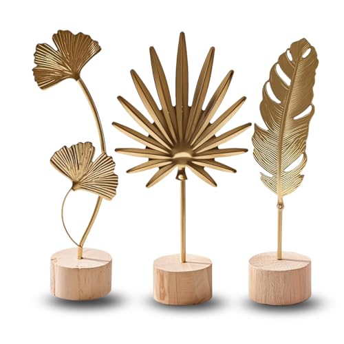 Gold Leaf Home Decor Set - Metal Leaves Statues, Modern Artistic Sculptures for Living Room, Office, Shelf & Home Decorative, Handmade 3D Botanical Accents (Sunshine, Feather, Ginkgo, 3PCS) - color: Sunshine, Feather, Ginkgo