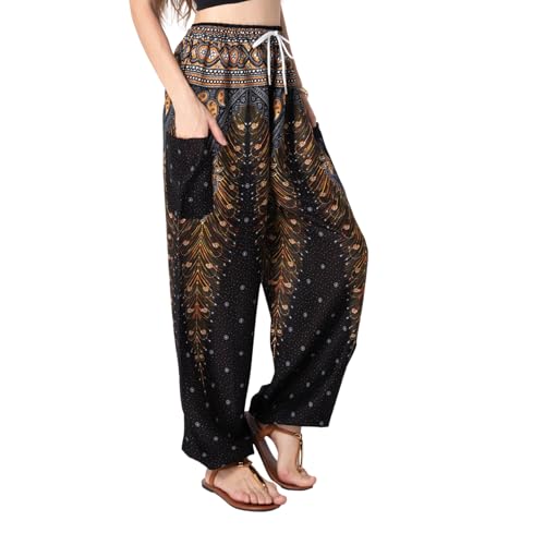 Tranquil Threads Women's Harem Pants with Pockets and Drawstring, Hippie Boho Yoga Clothes - color: Golden Black, size: X-Small