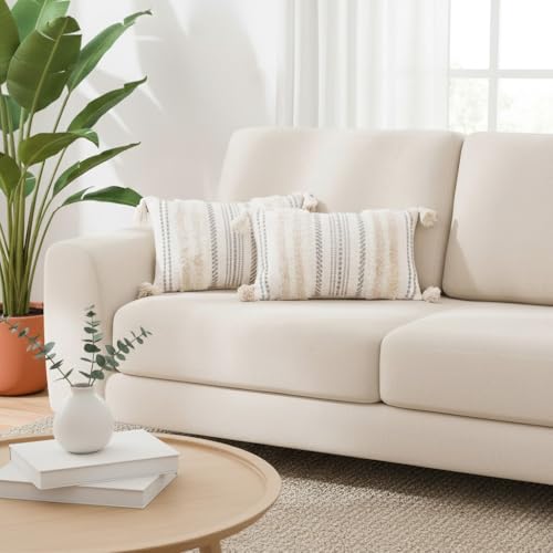 decorUhome Summer Decorative Boho Throw Pillow Covers 12x20 Set of 2, Lumbar Accent Neutral Textured Tufted Pillow Covers Striped for Couch Bed Sofa Living Room, Beige and Cream White - color: Beige and Cream White, size: 20" x 12" (Pack of 2)