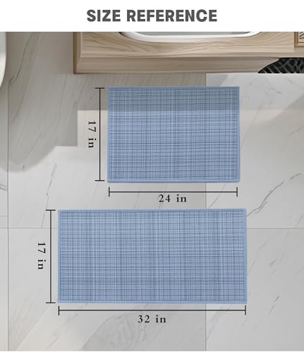 YIHOUSE Bathroom Rugs Sets 2 Pieces, Blue Ultra Thin Bath Mats Fit Under Door, Absorbent Quickly Dry Rubber Backing Braided Bath Mat Set, Non Slip Washable Bath Rugs for Bathroom Floor, Blue - color: Blue Multi, size: 2pieces