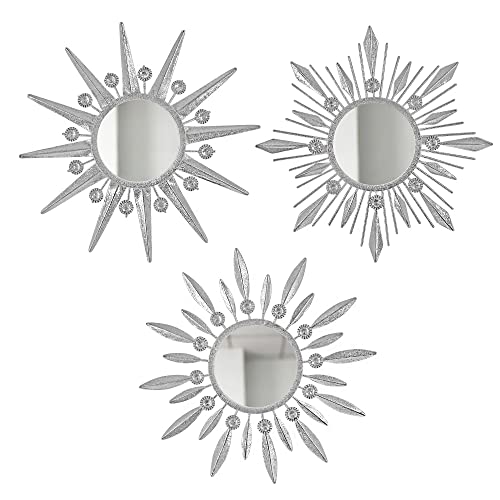 Silver Mirrors Wall Decor, Metal Sunburst Mirror Wall Art Christmas Decorative Mirrors, 9 inch Home Christmas Decoration Rhinestone Small Mirror for Living Room Entryway Set of 3 - color: Silver- a