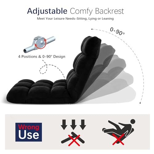 Folding Floor Chair 14-Position Cushioned Adjustable Floor Lazy Sofa Chair w/Breathable Cotton & Skin-Friendly Coral Velve for Adults & Kids Ideal for Reading Meditating，Black - color: Black