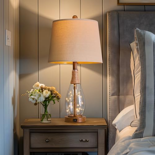 OYEARS 23" USB A+C Table Lamp for Bedroom Living Room Modern Bedside Lamps Retro Farmhouse Rattan Glass Nightstand Nightlight Lamps,Two Light Points - color: Antique Brown