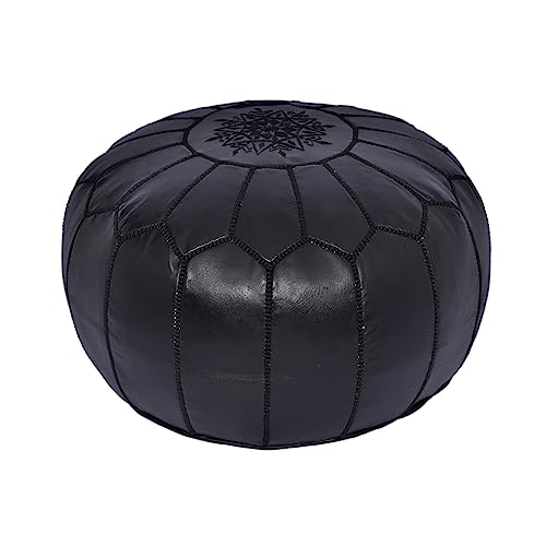 Marrakesh Gallery Genuine Leather Round Pouf Unstuffed - Moroccan Ottoman Footstool, Footrest Cover - Boho Decor - Bohemian Living Room, Bedroom, Kids Room, Gift & Wedding - color: Black By Black