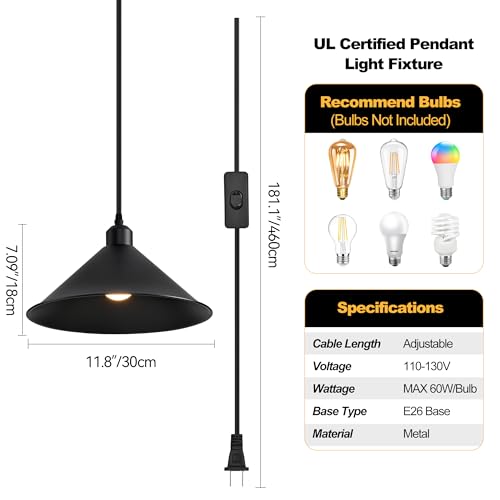 11.8IN Plug in Pendant Light, 2 Pack Industrial Hanging Lamp Black Vintage Pendant Lighting Fixtures with 15ft Cord On/Off Switch for Kitchen Island Dinning Hall, Bedroom - color: Black Plug in Pendant Light 11.8IN