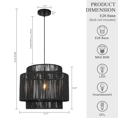16 Inch Large Natural Simple Hand Weaved Rattan Pendant Lamp, Coastal Beach Black Rope Hanging Pendant Light Fixture for Dining Room Living Room Bedroom Kitchen Foyer - size: 6719