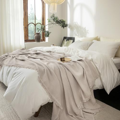 FOSSA Muslin Blanket with Fringe - 4-Layer 100% Cotton Gauze Super Soft & Breathable Throw -Lightweight Decorative Cooling Blanket for Bed, Sofa, Office (Beige Gray, King (104" × 90")) - color: Beige Gray, size: King (104" × 90")