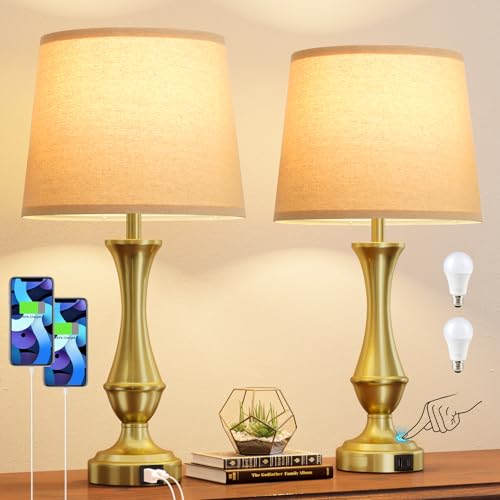 Seealle Upgraded Touch Lamps for Night Stands Set of 2 - Bedside Lamps with USB C+A, 3 Way Dimmable for Bedroom Living Room End Tables Office (Gold) - color: F. Oat Shade & Gold Base, size: Medium（22 In）