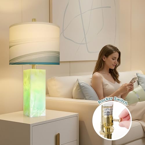 Scenekoy 23" Alabaster Table Lamp Set of 2 with Night Light for Bedroom Living Room, Rotary Switch, Blue Table Lamp with Linen Shade, Modern Nightstand Lamps for Room Bedside Bedroom (Bulb Included) - color: Blue
