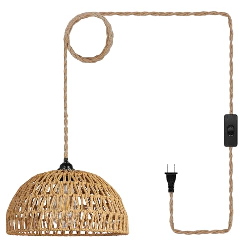 Boho Pendant Light Plug in: Rattan Hanging Lamp with 14.7ft Plug in Cord, Adjustable Height Hand Woven Hanging Light Fixture for Living Room, Bedroom, Dining Room, Kitchen, E26 No Bulb