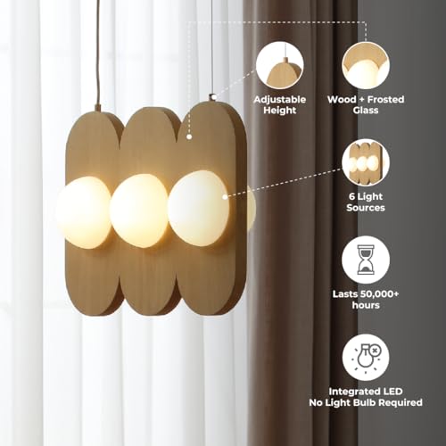 Orbita - Modern 3-Light Wood Linear Pendant Fixture, Frosted Glass Globe Shades, Integrated LED, Warm White, Adjustable Hanging Ceiling Light for Dining, Kitchen, Living Space - color: Orbita - 3 Light