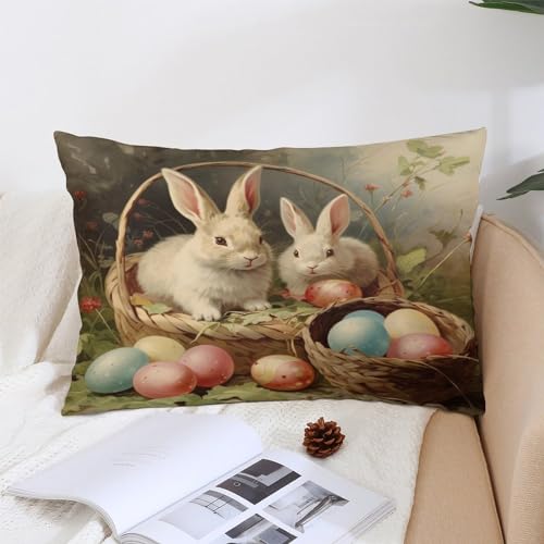 Pillow Protector Vintage Easter Bunnies Eggs Throw Pillow Case Cushion Cover 16 "x24 Happy Easter Rabbit Spring Flower Holiday Cute Throw Pillows Zipper Pillowcase for Bedroom Living Room - color: Pattern-6, size: 24" x 16" (Pack of 1)
