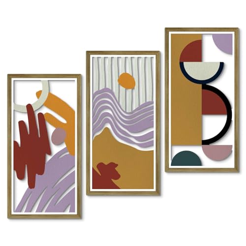 Putuo Decor Geometric Abstract Wall Art Set of 3, Mid Century Modern Decor Vintage Wall Art, Framed Artwork Cut-Out Panels in Earthy Tones and Rustic Design for Living Room Bedroom Office - color: Rustic Abstract Design