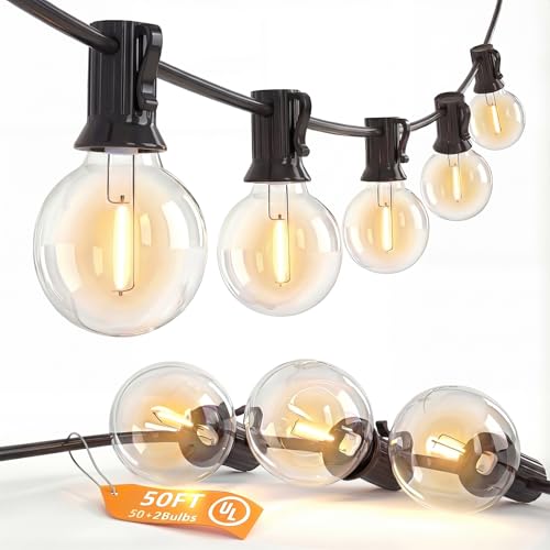 SUNSGNE Outdoor String Lights, 50FT Outdoor Globe Light with 52 G40 Shatterproof LED Bulbs(2 Spare), String Lights for Outside Patio Porch Garden Backyard Balcony Deck Decor, E12 Sockets - color: Warm White-Black, size: 50FT