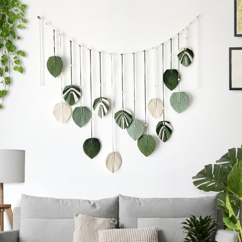 M MANUAL Macrame Leaves Wall Hanging 47.3x29.5Inch Large Chic Feather Boho Macrame Wall Decor Leaf Hanging Photo Display Handmade Woven Wall Art 16pcs Leaf Tapestry - Green - size: Green - 47.3*29.5in