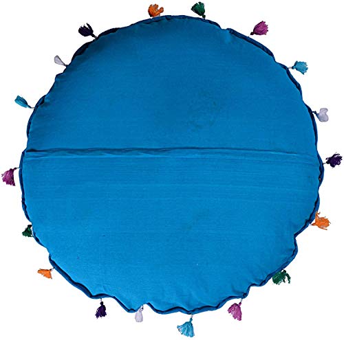 Indian Handmade Patchwork Codework Turquoise Pouf Cover Ottoman Round Floor Pillow Cushion Seating Throw Decorative Pom Pom Pillow Cases Bohemian 32 Inches - color: Blue
