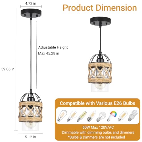 Black Farmhouse Boho Kitchen Island Pendant Light,Hand-Woven Rattan Pendant Lighting with Metal Cage Clear Glass Shade,Coastal Wicker Small Hanging Light Fixture Bedroom Dining Room Decor