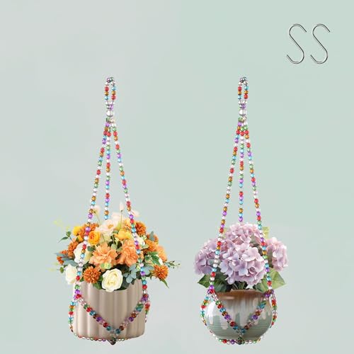 17''，2 Pack Macrame Plant Hanger, Handmade Glass Bead Plant Hanger Colorful Decorative Bohemian Hanging Planter Holder for Indoor and Outdoor Home Garden Decor. Includes Two Hooks. - size: Small