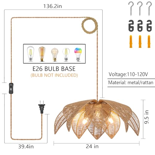 Rattan Plug in Pendant Light with 15FT Hemp Rope Cord Boho Light Fixture Can accommodate 3*E26 Bulbs of Woven Wicker Chandelier for Living Room Bedroom Dinning