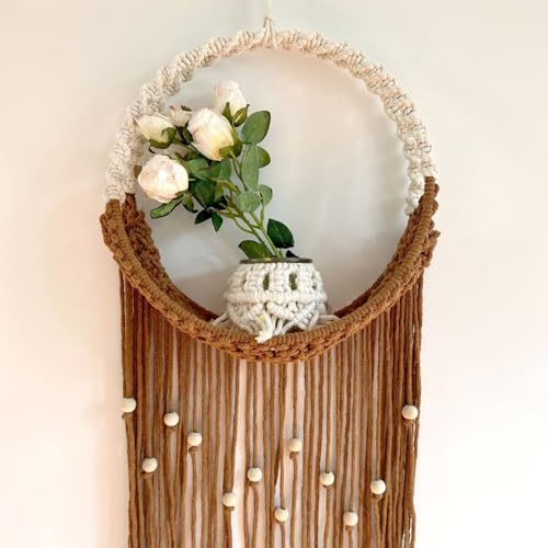 SlenyuBridal Brown Macrame Wall Hanging, Art Woven Boho Home Decor, Wall Pendent Weaving Dried Flower Decorative Net Bag, Beautiful Wall Art for Apartment, Dorm Room Decoration