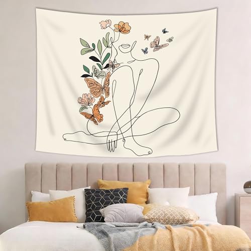 SVBright Abstract Woman Butterfly Fabric Wall Hanging Tapestry 59Wx51H Inch Mid Century Modern Minimalist Flower Plant Beige Terracotta Aesthetic Portrait Home Decor Art for Living Room Bedroom Dorm - color: Beige Woman Sitting, size: 51"L x 59"W
