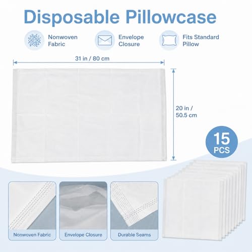 Sukh Disposable Pillow Case Covers Standard Size - White Pillow Cases Bulk Set 15 Pack, Pillow Covers Standard Size 31 x 20 Inch, Travel Pillow Case Cover for Hotels, Guest Rooms, Bedding Supplies