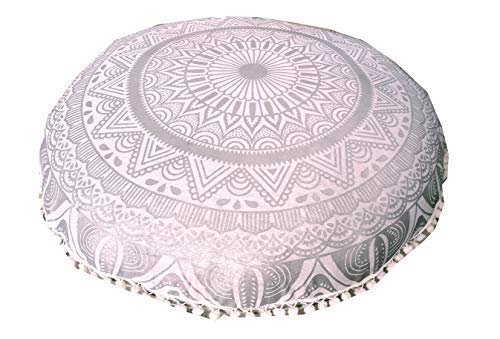 24" Gold Mandala Barmeri Large Floor Pillow Cover Cushion Meditation Seating Ottoman Throw Cover Hippie Decorative Zipped Bohemian Pouf Ottoman Poufs, Pom Pom Pillow Cases (White Gold, 24" Round) - color: White Gold, size: 24" Round