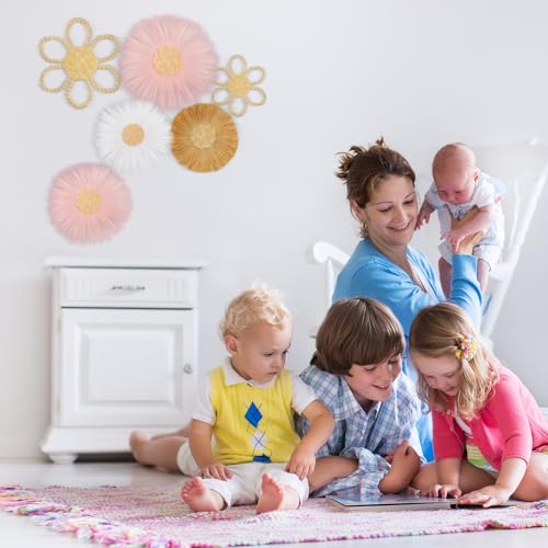 Soaoo 6 Pcs Boho Nursery Decor for Girl Daisy Flower Woven Macrame Wall Hanging Bohemian Nursery Wall Decor Flowers for Baby Girls Kids Dorm(Pink, White, Beige)