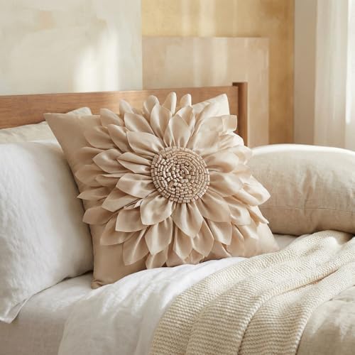 Bella's Giftshop 3D Sunflower Decorative Throw Pillow Covers for Bed Sofa Couch Car, Accent Floral Taffeta Cushion Cover, Handmade Pillow Cases Living Room Decor, 17x17 Inch-Beige/Taupe - color: Beige