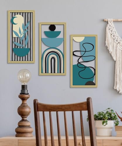 Putuo Decor Boho Wall Art Set of 3 Modern Minimalist Wooden Wall Decor Abstract Geometric Room Decorations Mid Century Artwork for Living Room Bedroom Office in Blue Tones 16.5 x 8.6 Inch - color: Blue Modern Linework