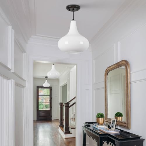 11" Milk White Glass Pendant Light – Modern Ceiling Hanging Fixture Matte Black for Kitchen Island, Dining Room, Hallway – E26 Base - color: White