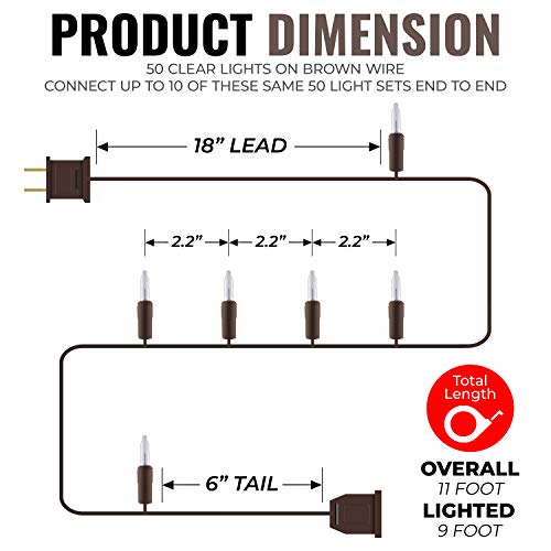 612 Vermont 50 Clear Mini Christmas String Lights on Brown Wire Cord, UL Approved for Indoor/Outdoor Use, 9 Foot of Lighted Length, 11 Foot of Total Length - size: 50 Light